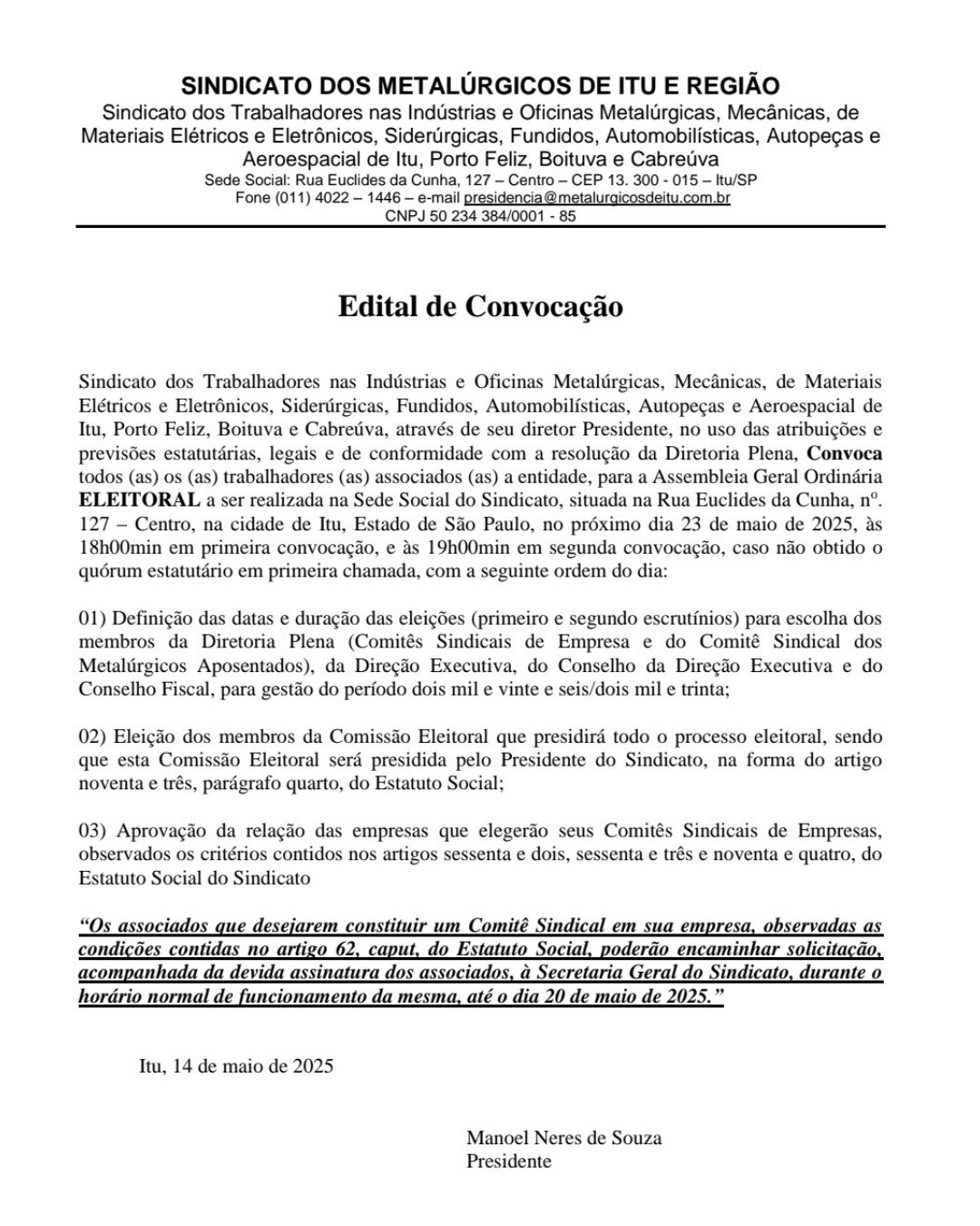 Edital de convocação do processo eleitoral